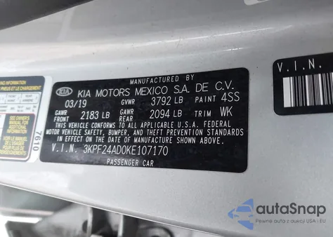 2019 Kia Forte Lxs z USA, uszkodzony, nr VIN 3KPF24AD0KE107170